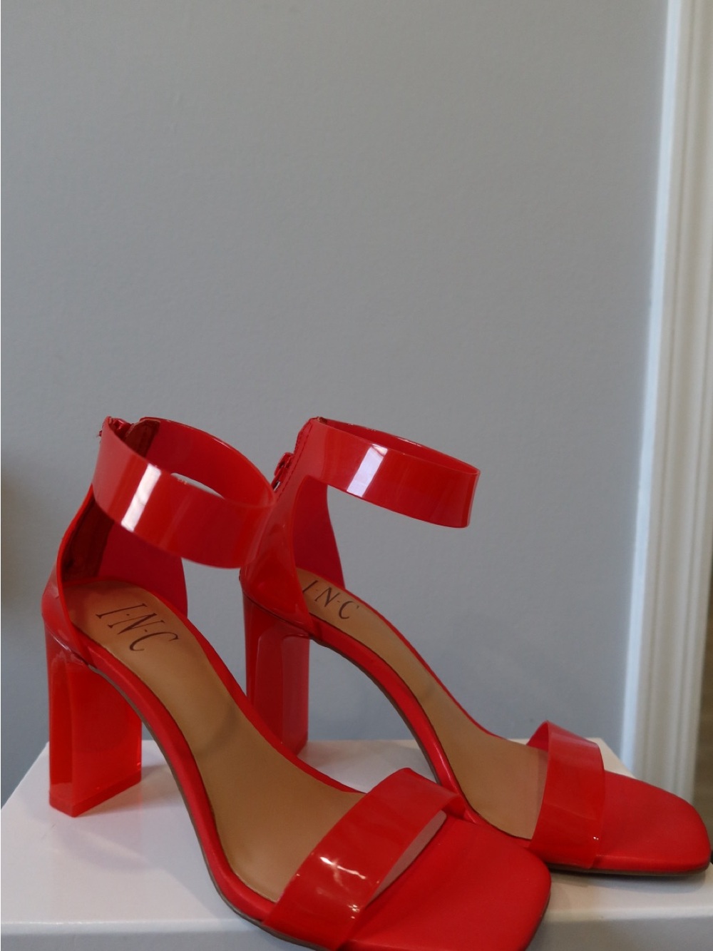 INC International Concepts Red Patent Block Heel Sandals with Ankle Strap